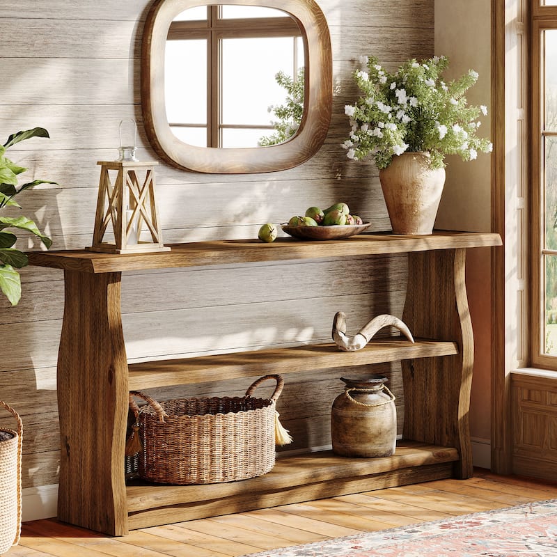 63 Inch Solid Wood Console Table with 3 Tier Storage Shelves, Sofa Table Behind Table for Living Room, Entryway