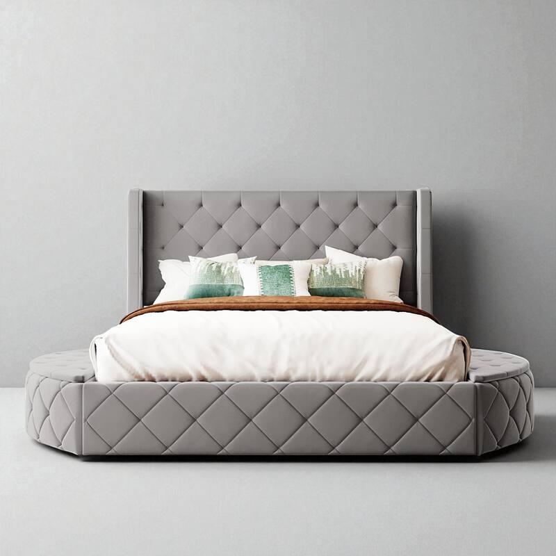 Queen Upholstered Platform Bed with Wingback Headboard, Velvet Fabric, Storage Drawer & 2 Side Storage Stools - Grey - Queen