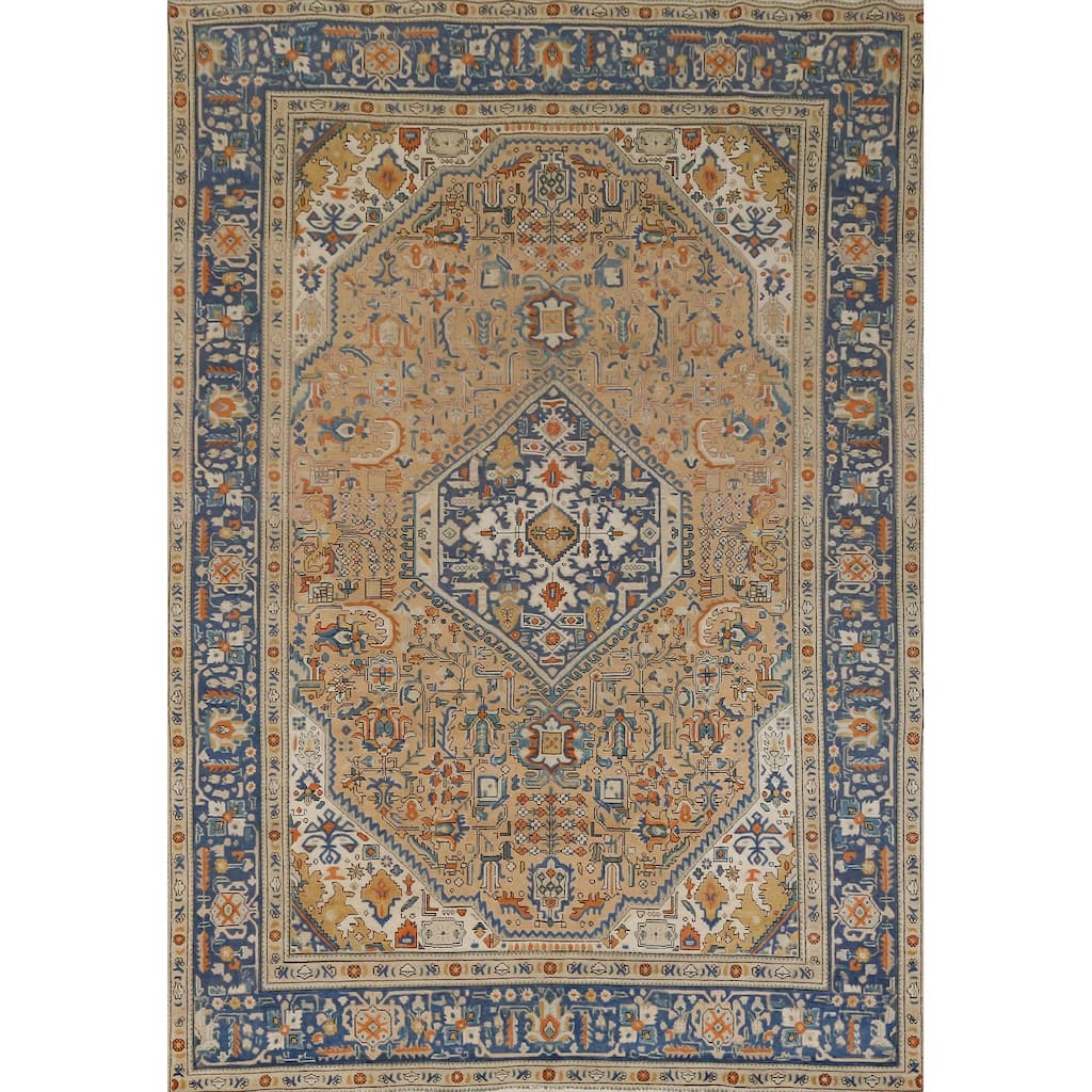 Hand Knotted Oriental 100% Wool Carpet Traditional Geometric Brown Tabriz Area Rug - 11' 0'' X 7' 11''