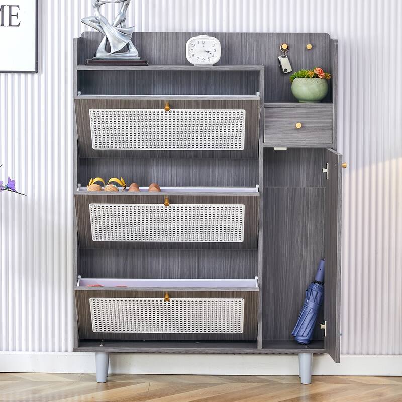 Rattan Shoe Storage Cabinet - Grey