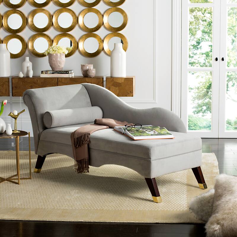 SAFAVIEH Mid-Century Modern Caiden Velvet Grey Chaise with Pillow - 63" x 27.5" x 30"
