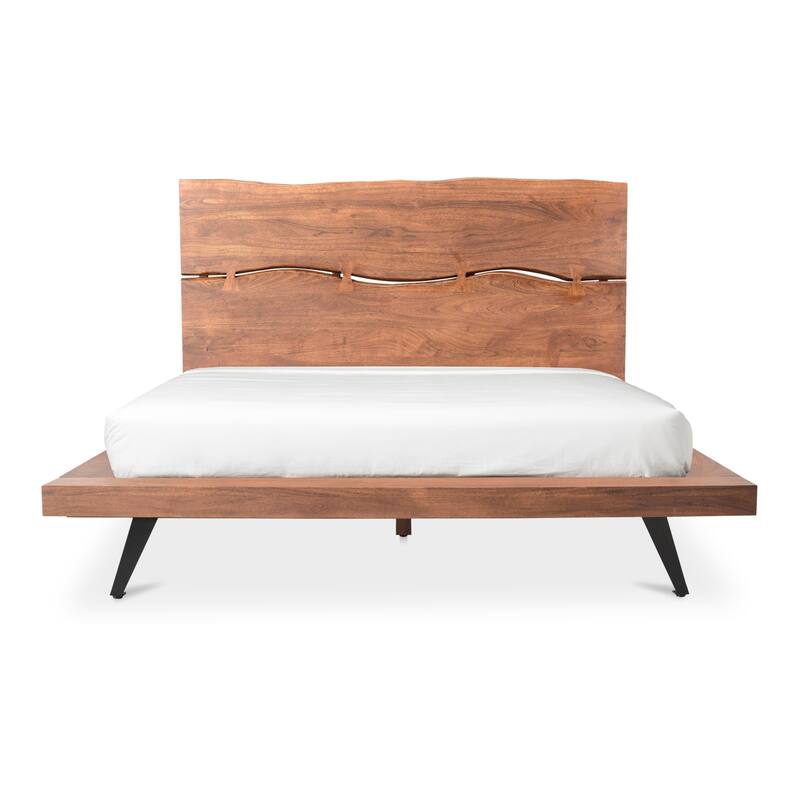 NADAAL STUDIOS Sterling Brown Solid Acacia Queen Platform Bed with Organic Edge Headboard and Steel Legs