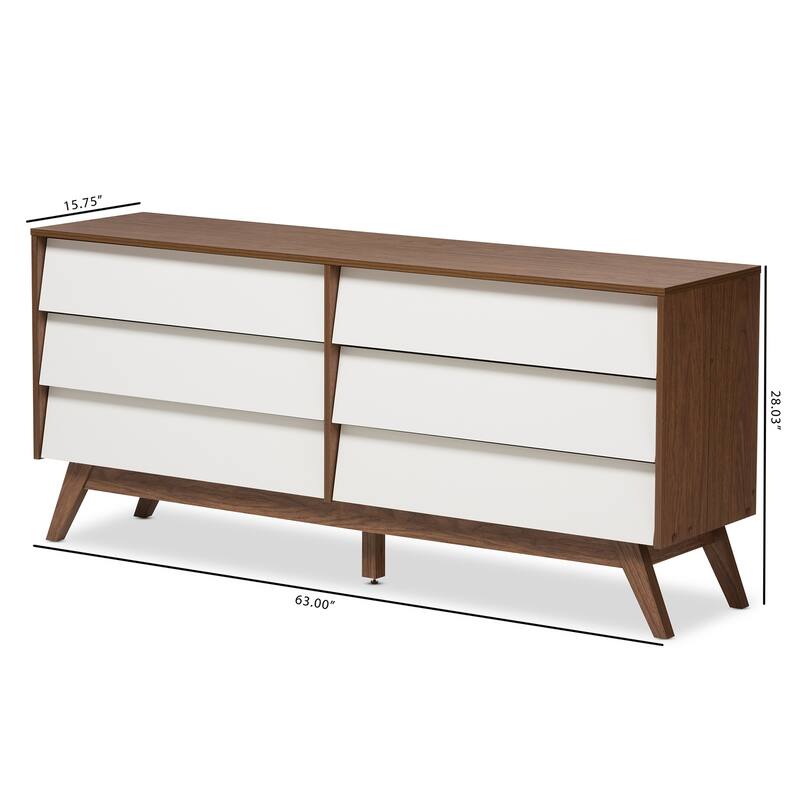 6 Drawer Dresser - White and Walnut Brown Double Dresser - Modern Storage Chest - Bedroom Living Room Furniture