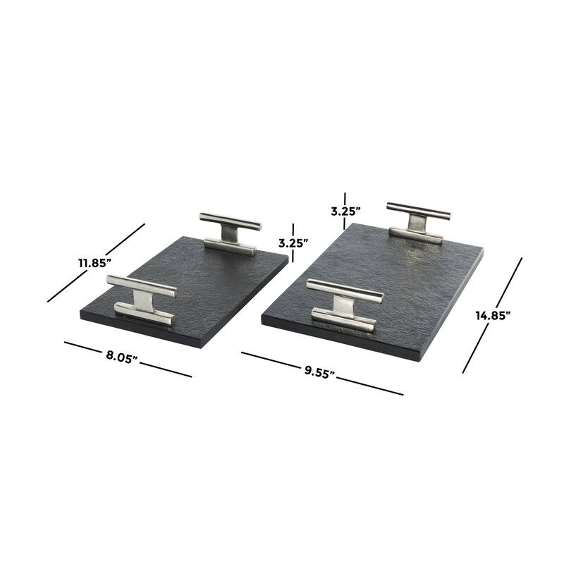 Black Marble Textured Living Room Decor Tray with Silver or Black Rod Handles (Set of 2)