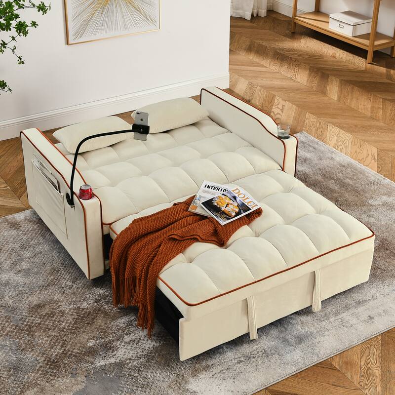 55.51 inch versatile foldable sofa bed, adjustable back, USB port, swivel phone stand (Beige)