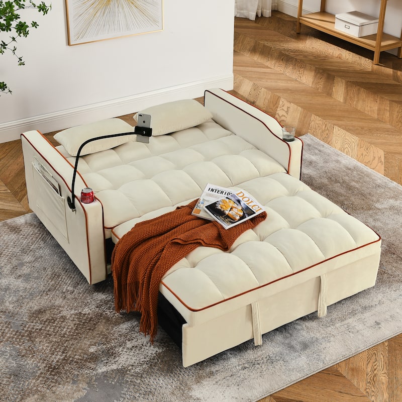 Modern Sofa Velvet Pull-out Bed, Adjustable Back and with USB Port