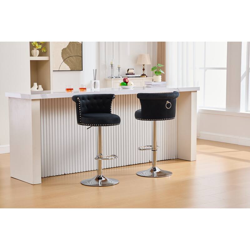 Velvet Bar Stool Set of 2, Adjustable Swivel Bar Stools with Silver Plated Metal Leg, Counter Height Chair