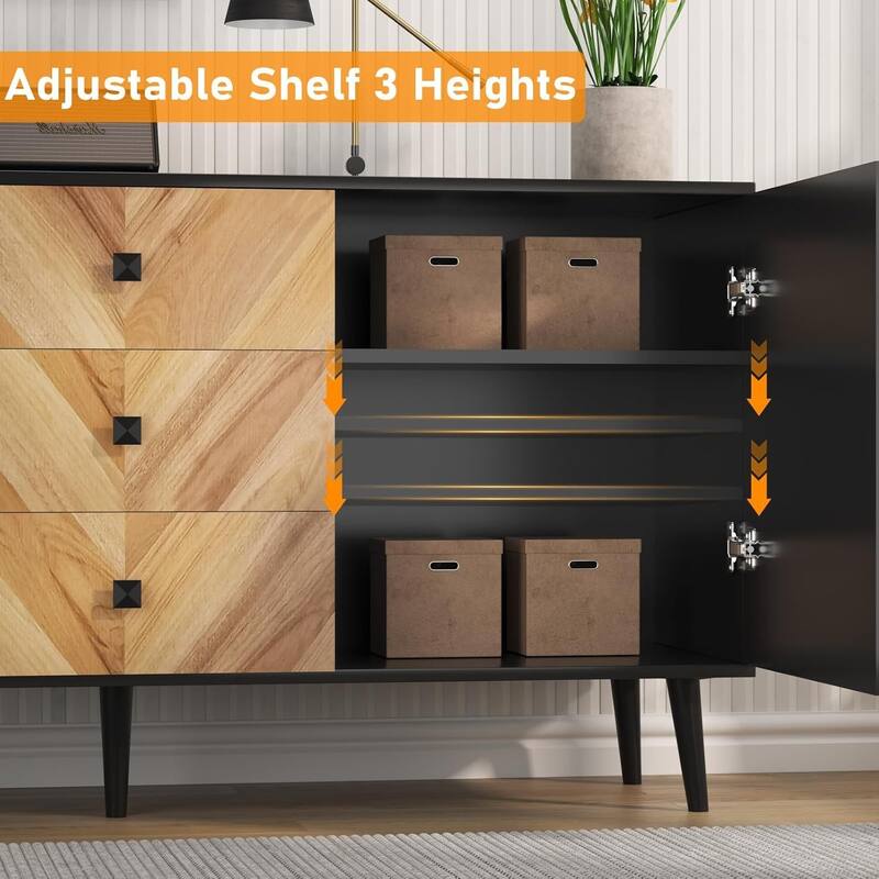 55.1" 3 Drawer Cabinet with Adjustable Shelves and Doors with Storage, Black + Walnut Grain