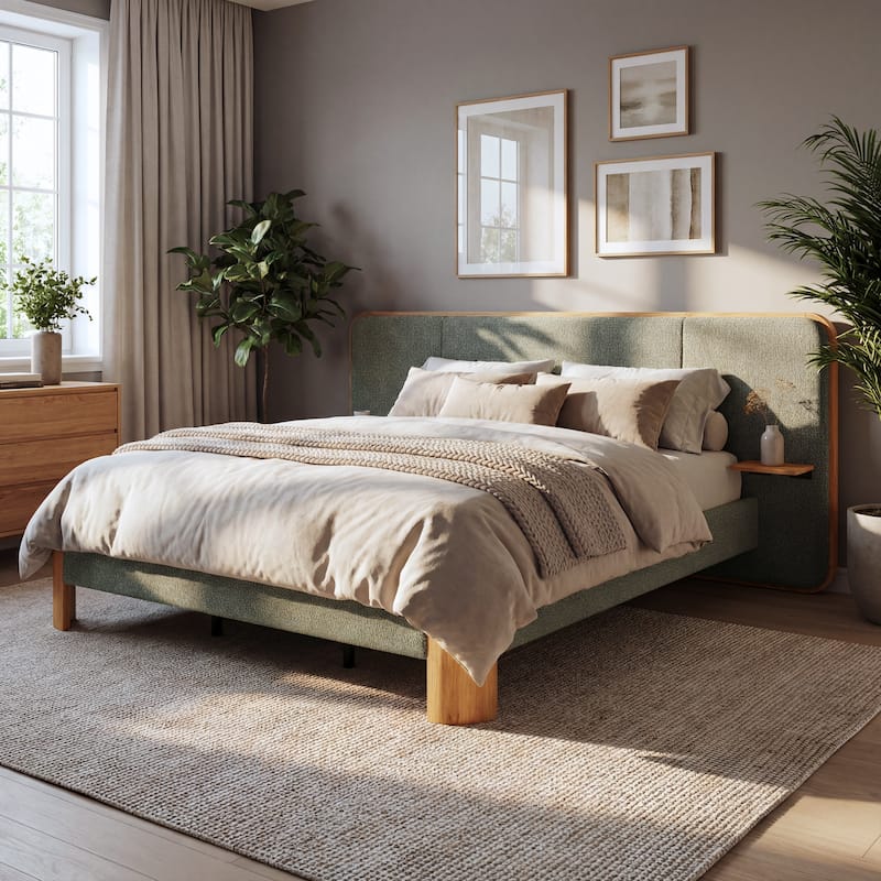 Christopher Knight Home - Modern Boucle Upholstered Platform Bed with Built-In Floating Shelves