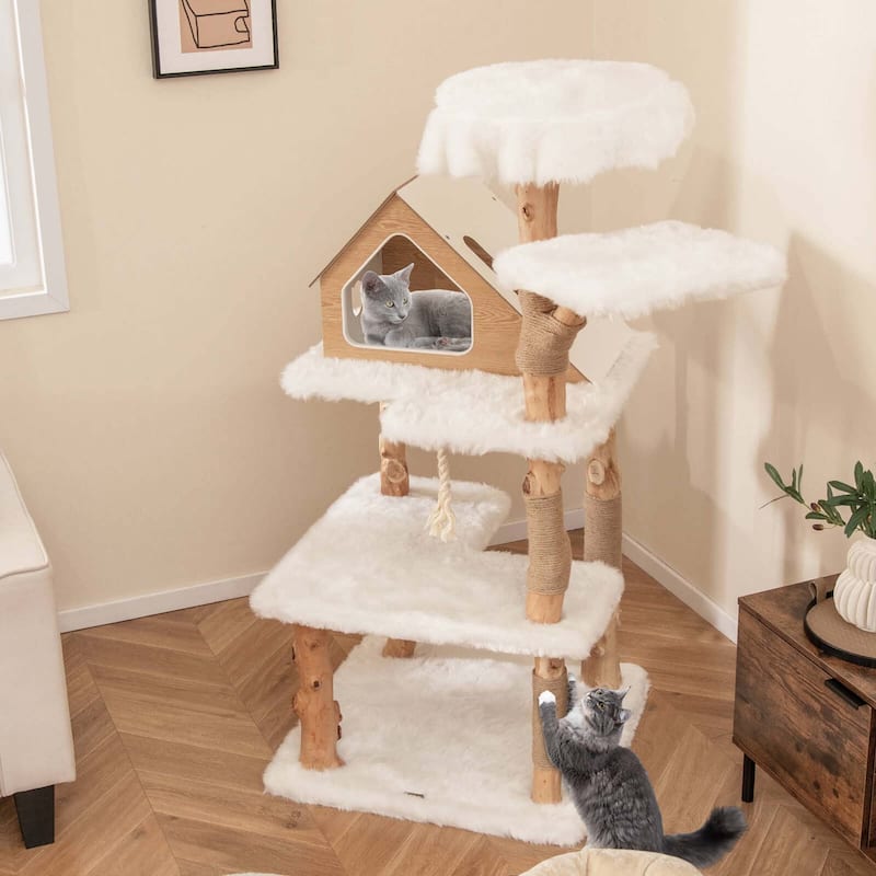 Costway 60" Tall Solid Wood Cat Tree with 2 Perches Condo Jute - See Details