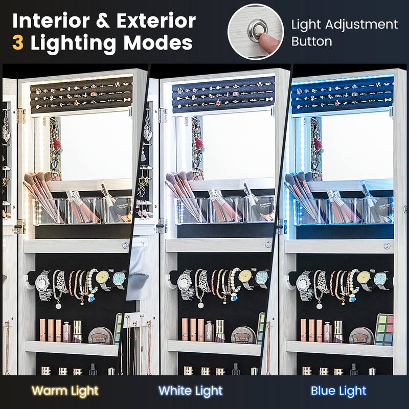 Gymax LED Mirror Jewelry Cabinet Wall/Door Mounted Organizer Armoire
