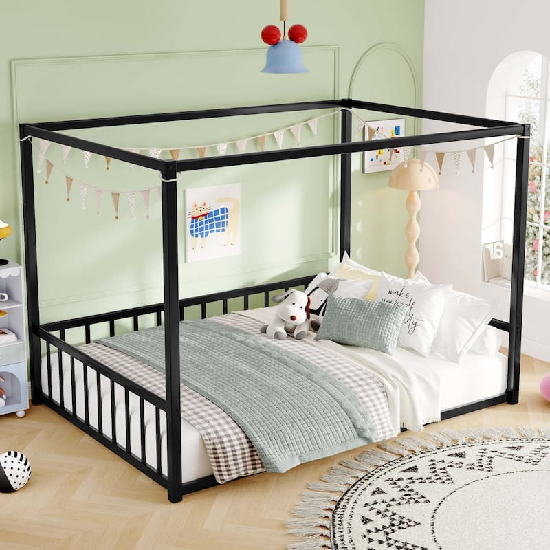 Floor House Bed with Fence-Style Guardrails,Modern Low-Profile Design