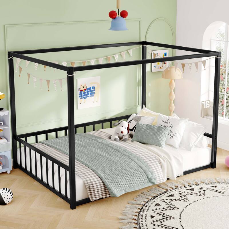 Sunshade Floor Bed,Iron Frame with Fence-Style Guardrails,Modern Low-Profile Design