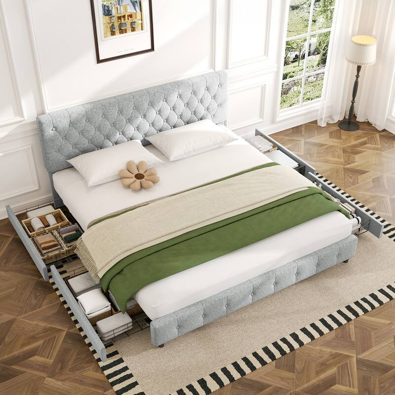 Linen Upholstered Headboard Bed Frame with Large Hidden Storage, 4 Underbed Drawers with Pulleys