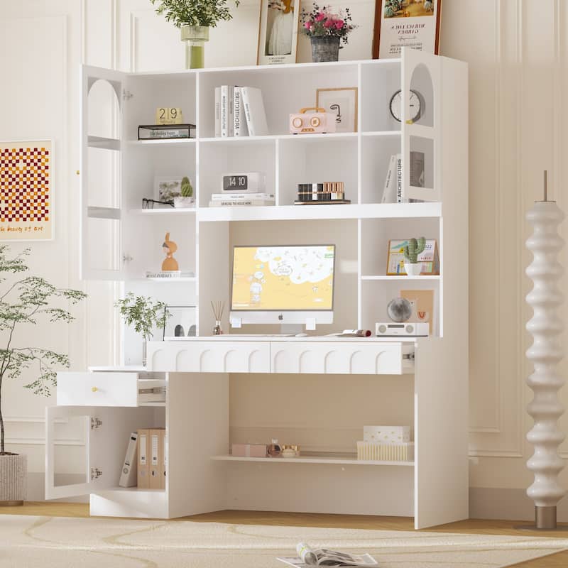 Multi-Tier Bookcase Built-In Desk - Space-Saving Design Home or Office