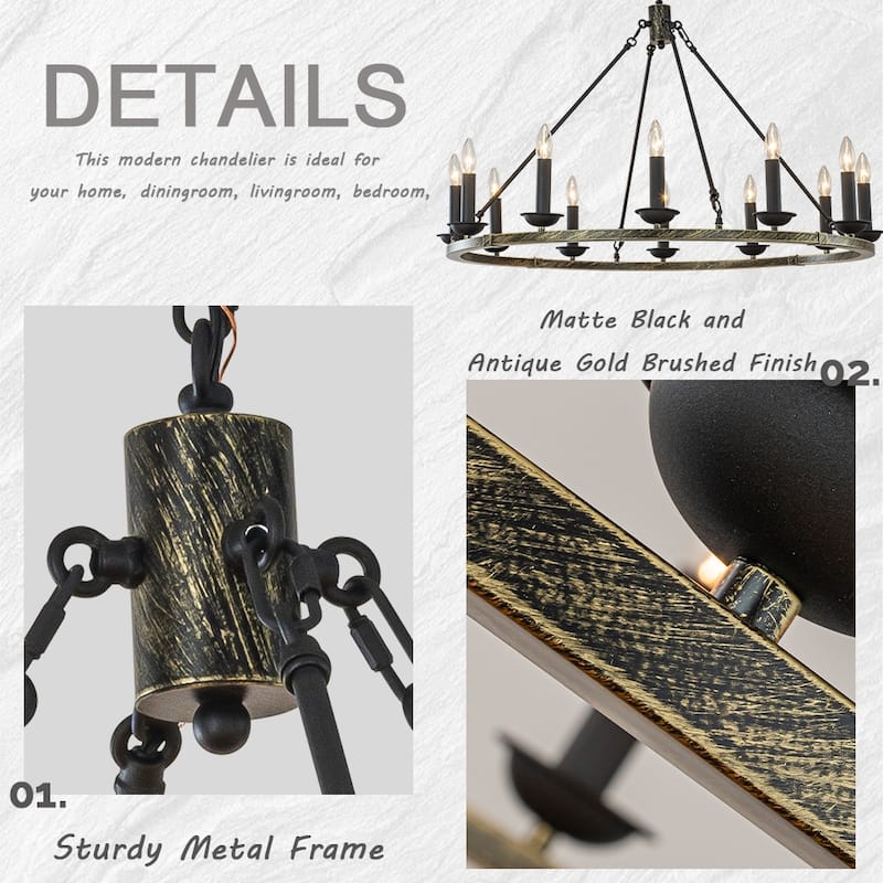 12-Light Modern Candelabra Chandelier Round Industrial Candle Pendant Lighting In Vintage Brushed Gold Over Black Finish - W37''