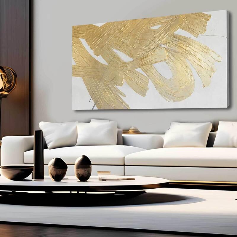 Gold Abstract Wall Art White and Gold Modern Framed Painting - 24 x 48