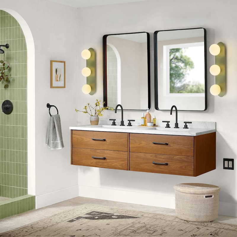 3-Light Modern Rectangular Gray-Green Frosted Opal Glass Globe Bubble Bathroom Vanity Light