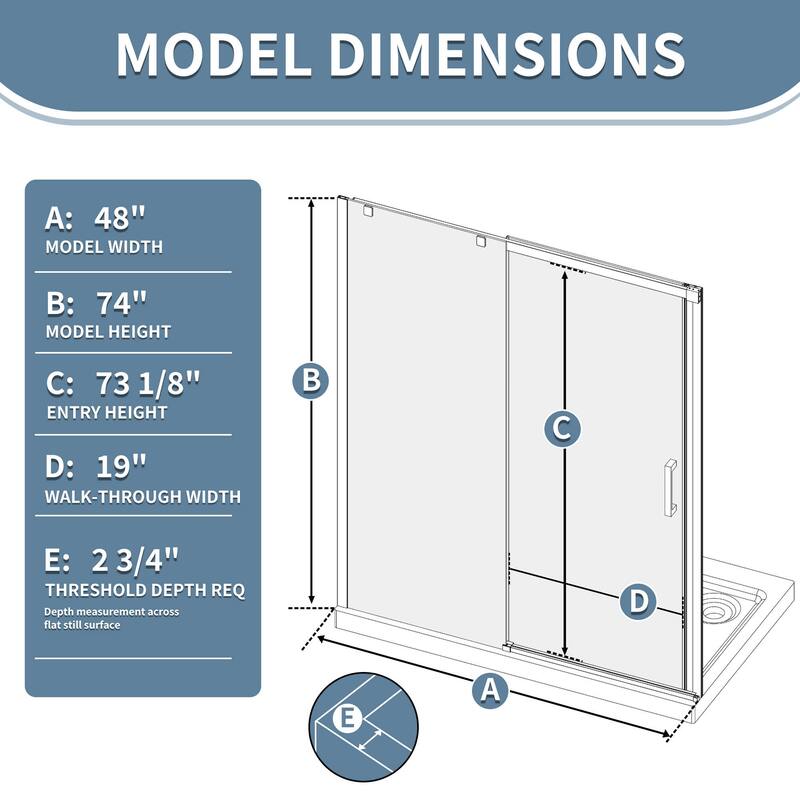 48" x 74" Glass Shower Door Framed Sliding Adjustable Brushed Nickel Clear Shower Enclosure with Hardware Kit