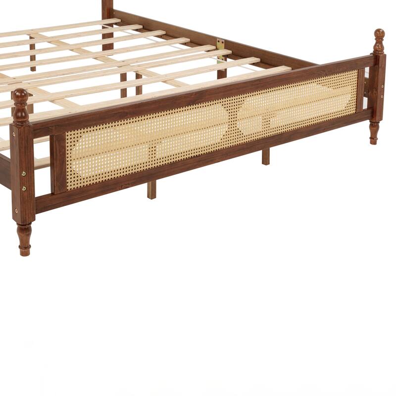 King Pine wooden Bed with Rattan Headboard and Footboard, with Central Enhanced Bed Platform
