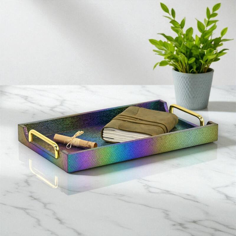 Nimue 15.75" Rectangular Decorative Serving Tray - Prismatic Fish Scale Pattern for Display, and Organization - Rainbow