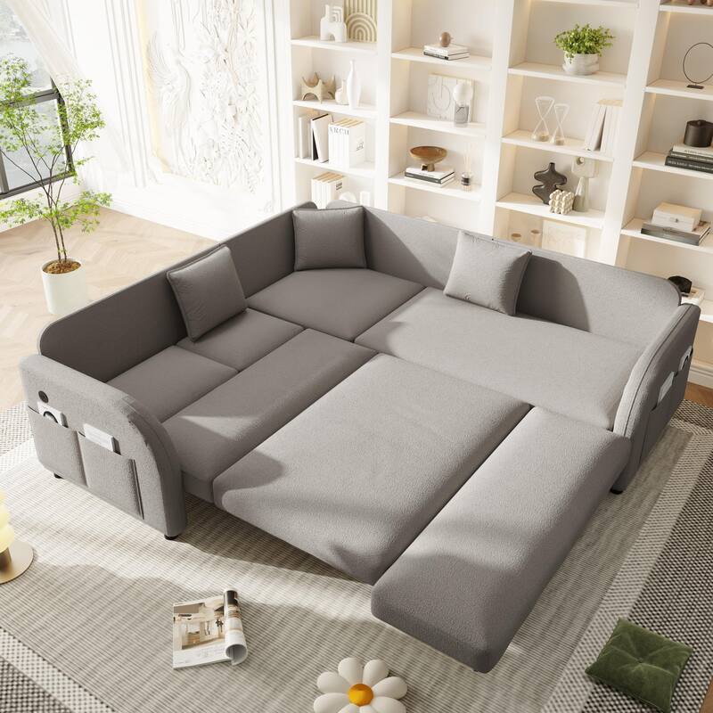 85" L-Shaped Convertible Sleeper Sofa with Pull-Out Bed, Teddy Upholstery & USB Ports