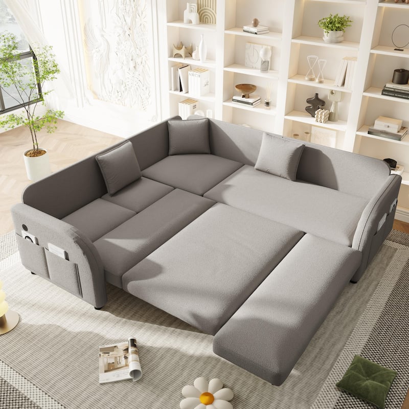 Sectional Sleeper Sofa with Pull Out Bed, Convertible Teddy Fabric Couch with Side Pockets & USB Ports, L Shaped Modular Couches