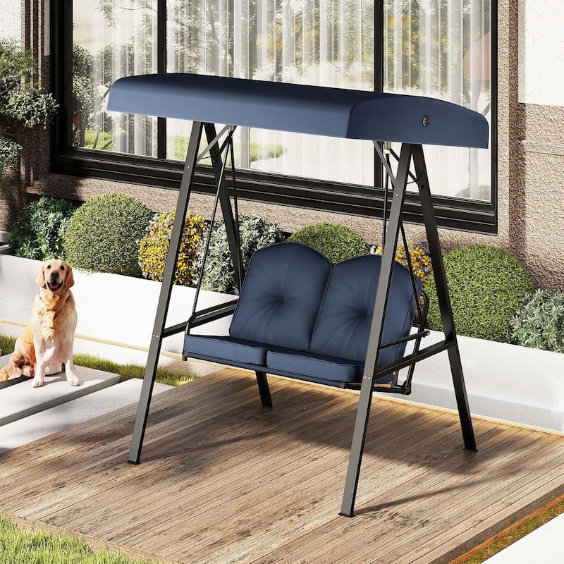 2-Person Porch Swing Outdoor Loveseat Swing w/ Canopy & Metal Frame