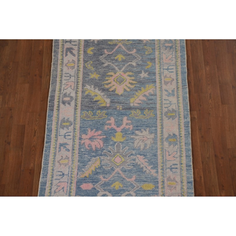 Vegetable Dye Floral Oushak Turkish Runner Rug Handmade Wool Carpet - 3'2"x 16'0"