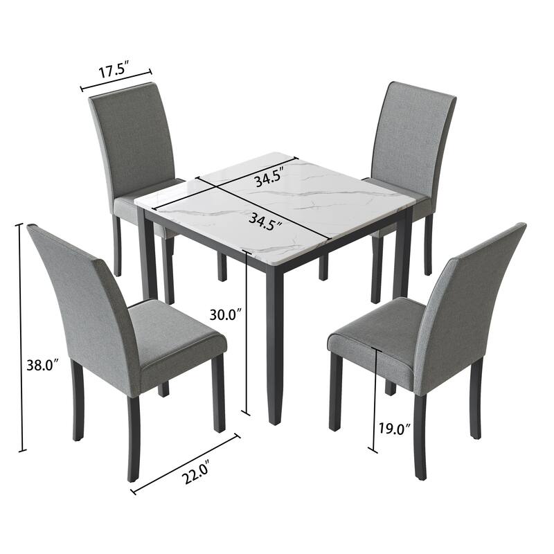 Corvus Fowey 5-piece Dining Set, Marble Sticker MDF Table and 4 Upholstered Chairs