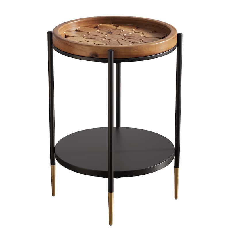 Solid Wood Side Table, 2-Tier Round End Table with Unique Patterns, Tray Top