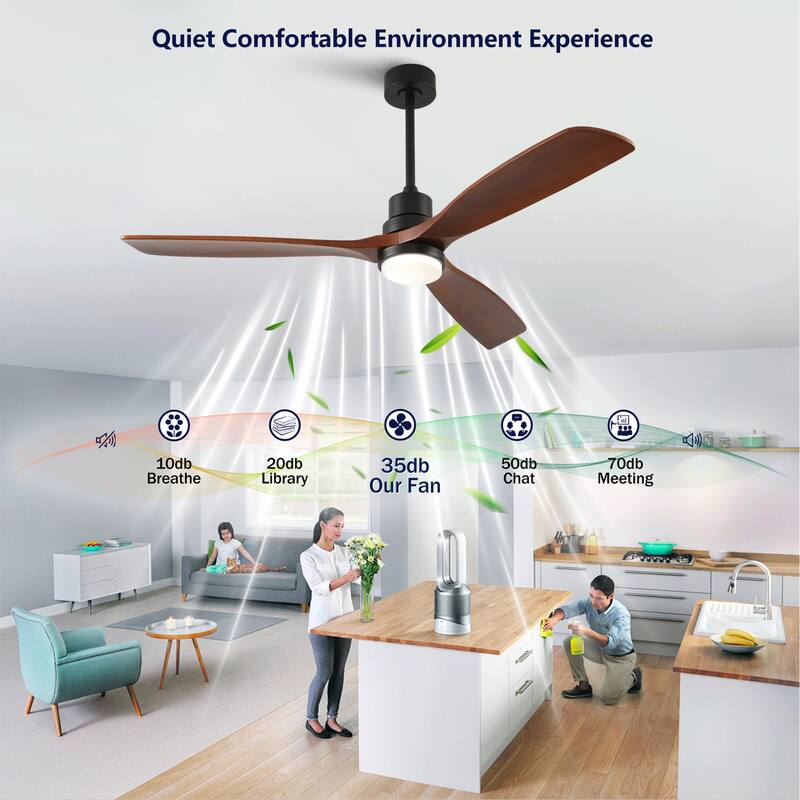 60 Inch Modern Ceiling Fan With 3 Color Dimmable 3 Solide Wood Blades Remote Control Reversible DC Motor With Led Light