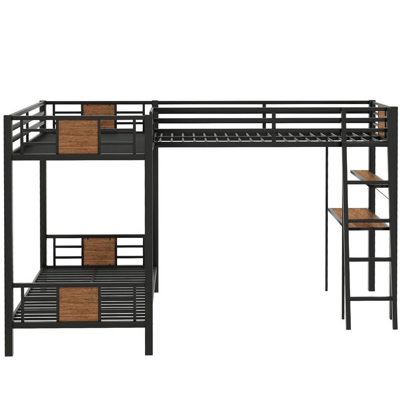 L-Shaped Twin over Twin Bunk Bed with Loft Bed, Desk, and Shelf, Brown