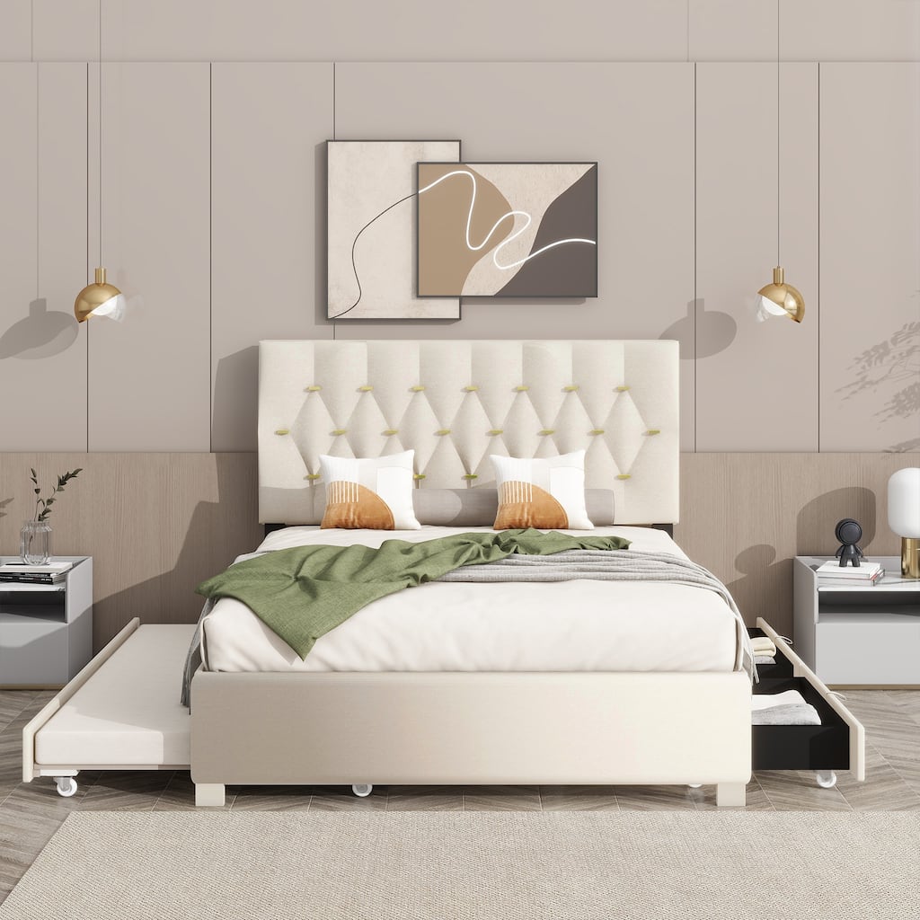 Beige Modern Design Queen Size Platform Bed with Trundle and 2 Drawers for Bedroom