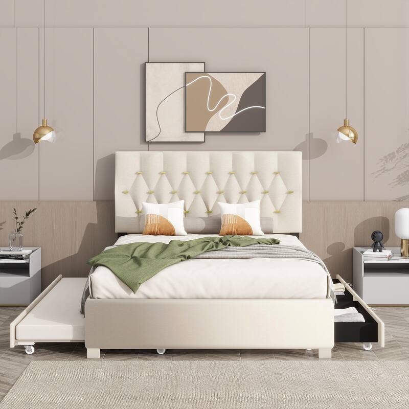 Modern Queen Size Bed with Trundle and Drawers - Beige