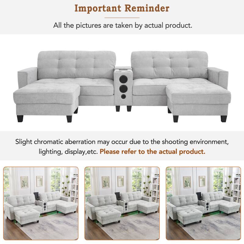 Roomfitters 126 Inch U-Shaped Modular Sectional Sofa with Storage Ottomans and Bluetooth Console