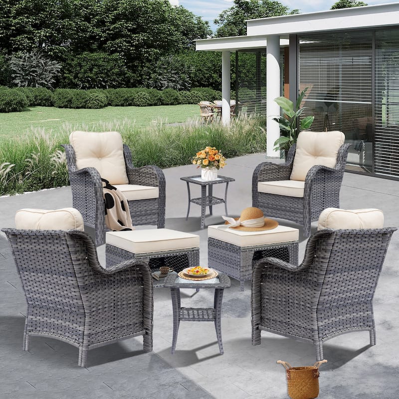 Gray Rattan Wicker Outdoor Patio Furniture Seating Sets With Cushions - Beige - 8 Piece