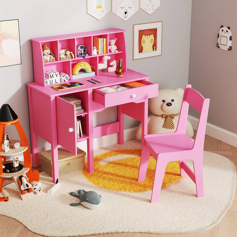 Gymax Kids Study Desk & Chair Set Children Wooden Craft Table w/ Chair