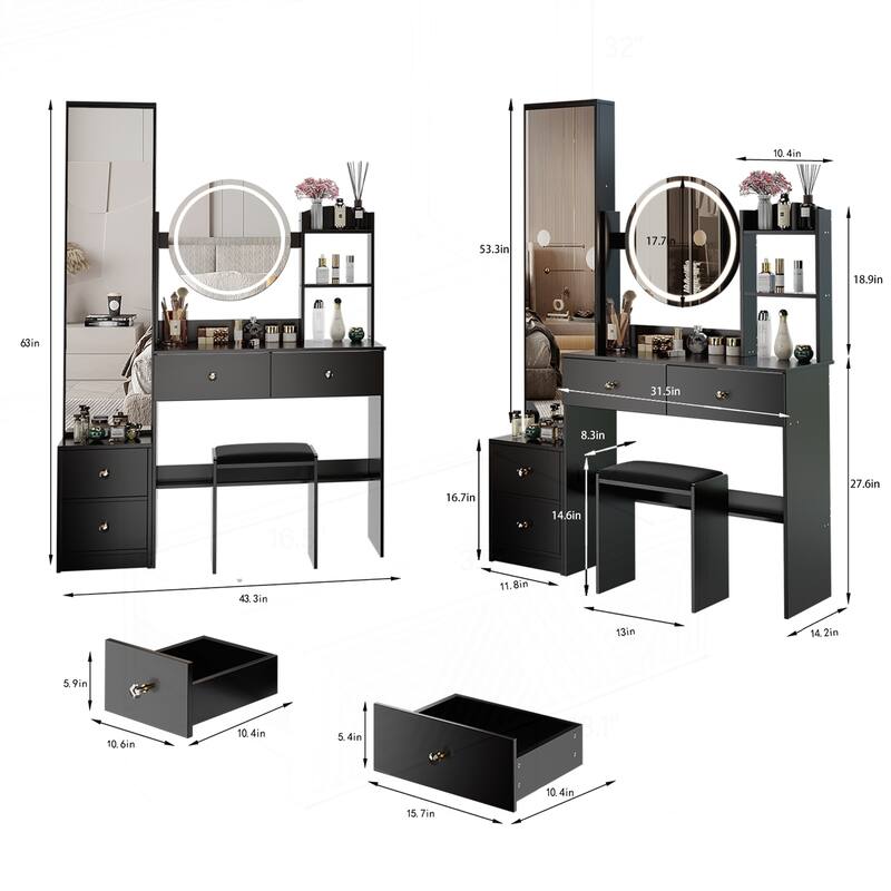 Versatile Vanity Table Set with LED Mirror and Storage