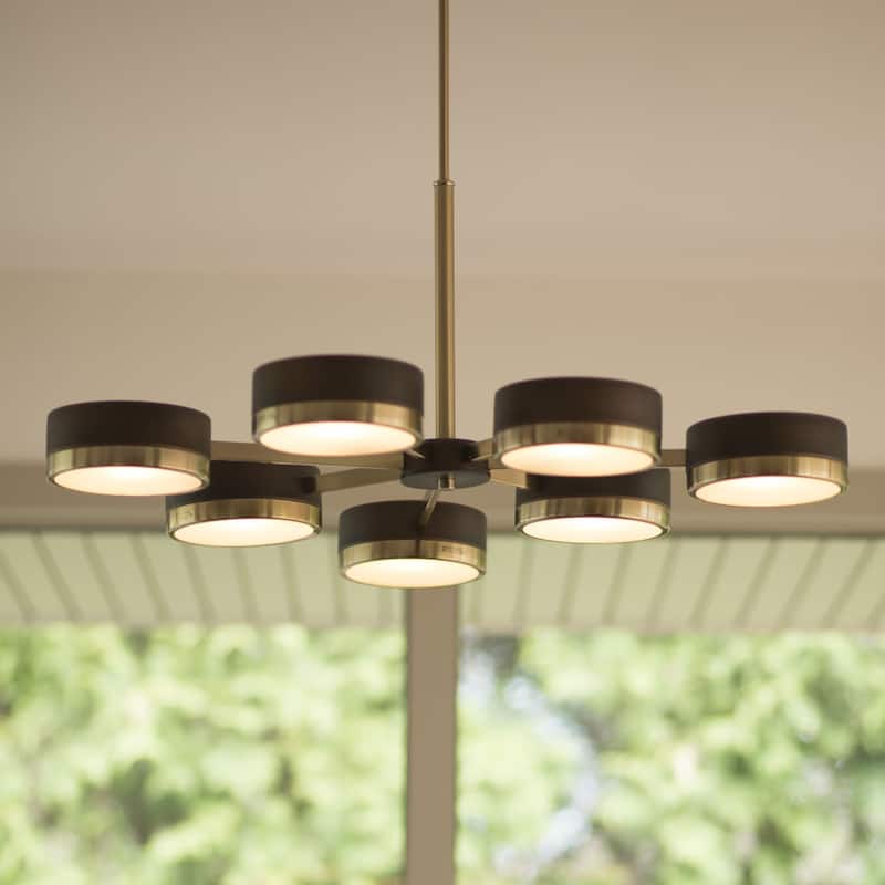 Madison 7 Light Bronze Mid-Century Modern Chandelier - 35.5-in W x 20.25-in H x 34.75-in D - Architectural Bronze and Natural Brass - 35.5-in W x 20.25-in H x 34.75-in D