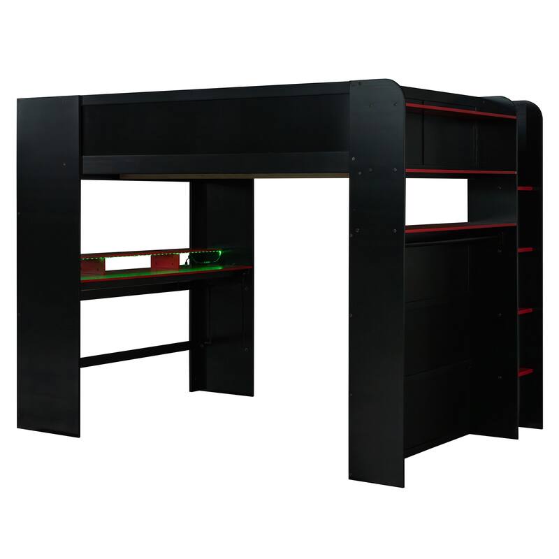 Full Size Wood Bunk Bed with height-adjustable Desk,Wardrobe,Ample Storage Space,and RGB Light
