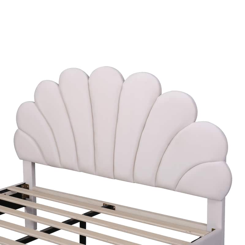 Beige Velvet Queen Size Upholstered Platform Bed with Flower Pattern Headboard, No Box Spring Required