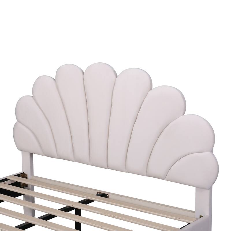 Modern Queen Size Platform Bed, Velvet Upholstered Bed Frame with Flower Pattern Headboard and Solid Wood Slats Support