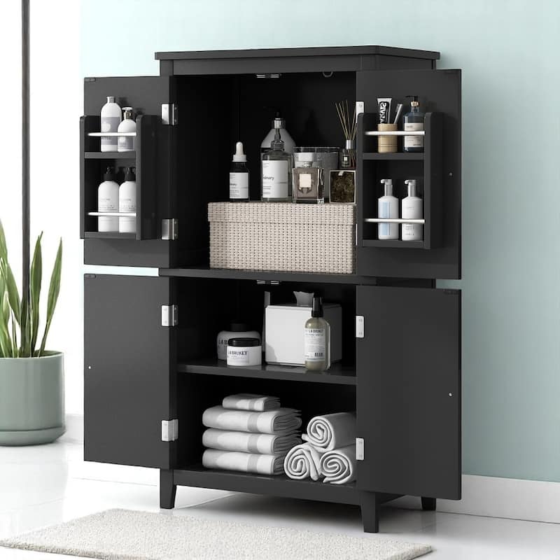 Tall Bathroom Floor Cabinet with Adjustable Shelves, Freestanding Storage Unit with 4 Doors