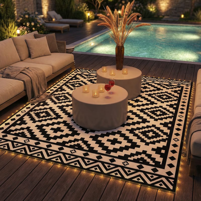 Outsunny Reversible Outdoor Rug Carpet, 12' x 9' Waterproof PP Plastic Straw Rug, Portable RV Camping Mat with LED String Lights