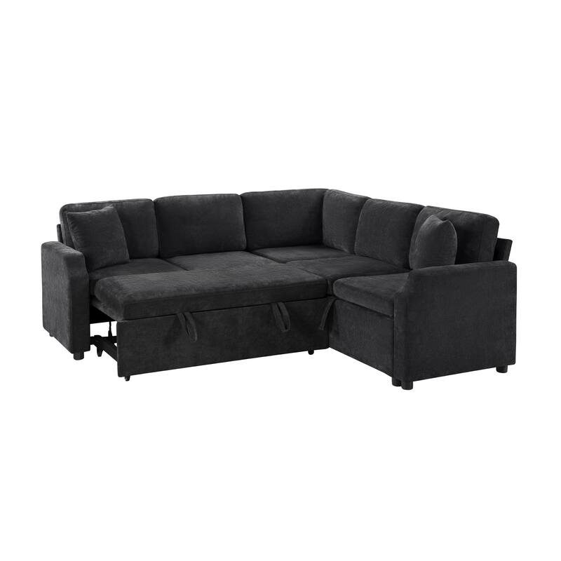 L-Shaped Sectional Sofa Bed, Chenille Upholstered Sleeper Sofa with Hidden Storage Compartment, 4 Seater Corner Sectional Sofa