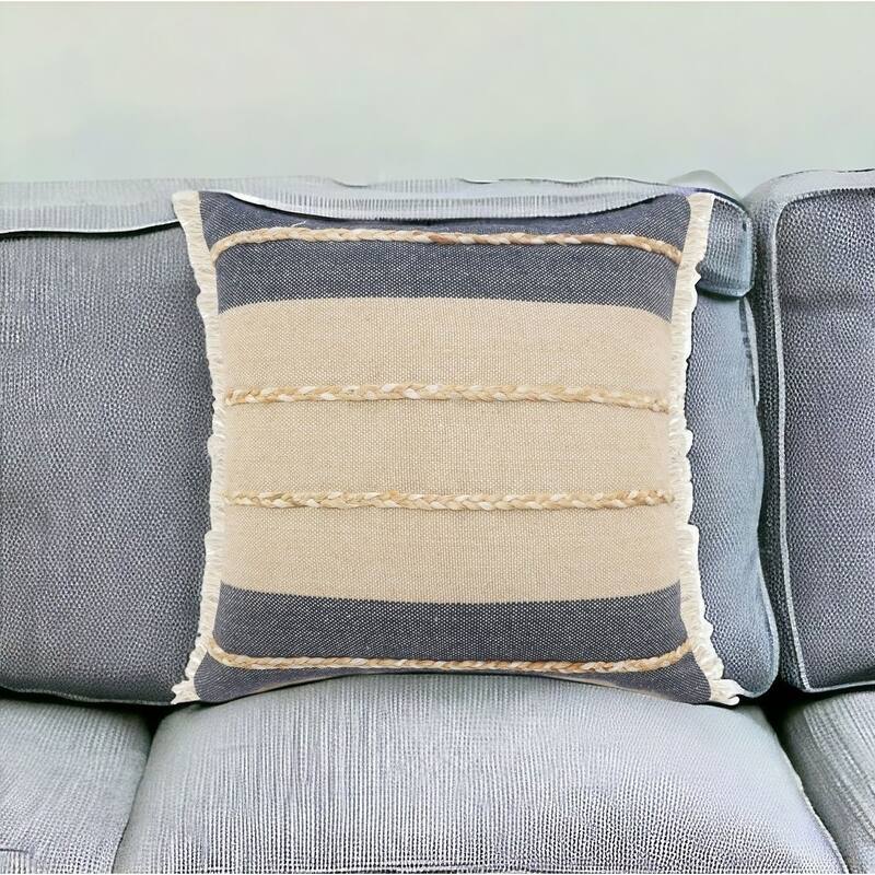 HomeRoots 24" X 24" Denim Blue Tan And Taupe Jute Coastal Zippered Pillow