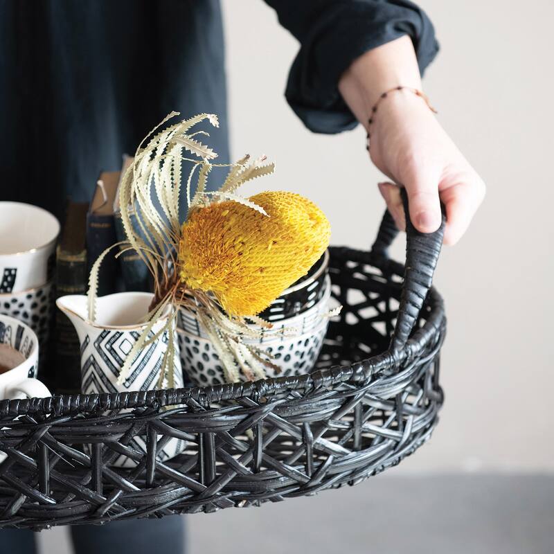 Decorative Hand-Woven Rattan Tray with Handles, Black