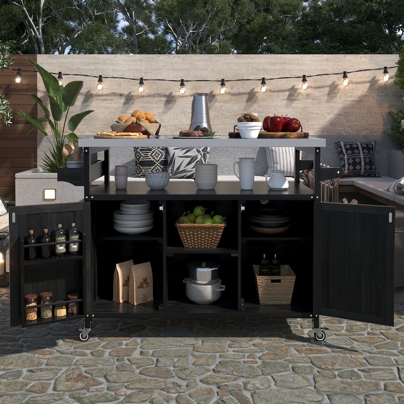 Kitchen Island, Rolling Bar Cart & Storage Cabinet, Farmhouse Solid Wood Outdoor Grill Table