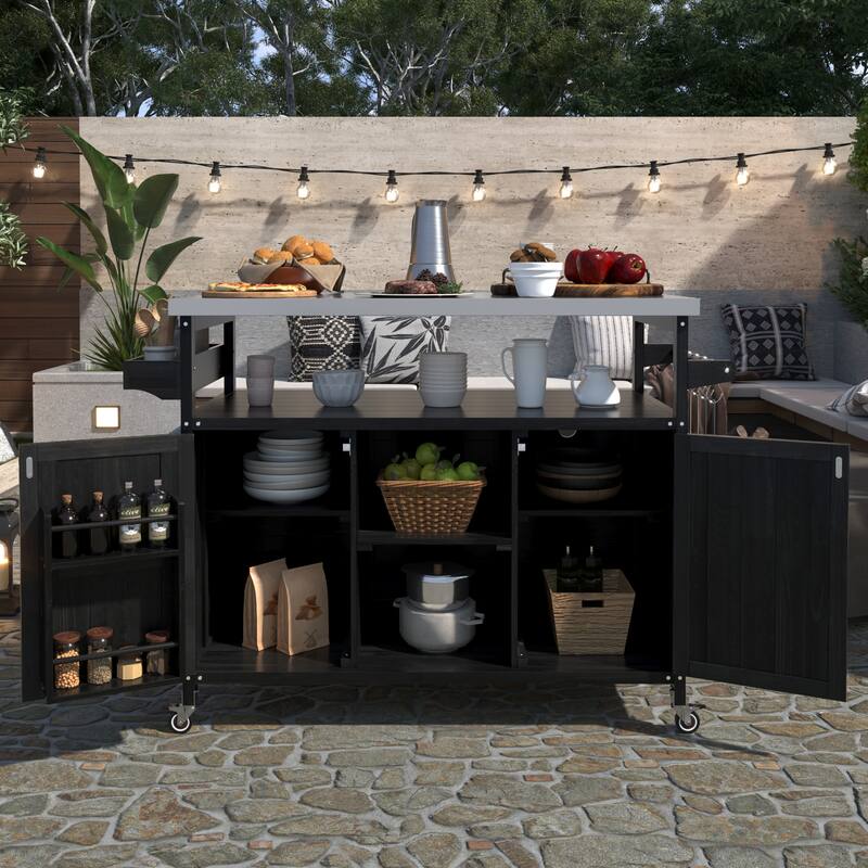 Outdoor Kitchen Island, Rolling Bar Cart & Storage Cabinet, Solid Wood Outdoor Grill Table with Stainless Steel Top